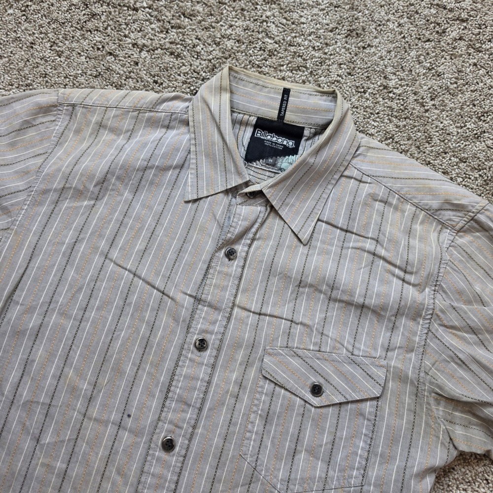 VINTAGE Billabong Shirt Mens Medium Beige Striped Short Sleeve Button Down Surf